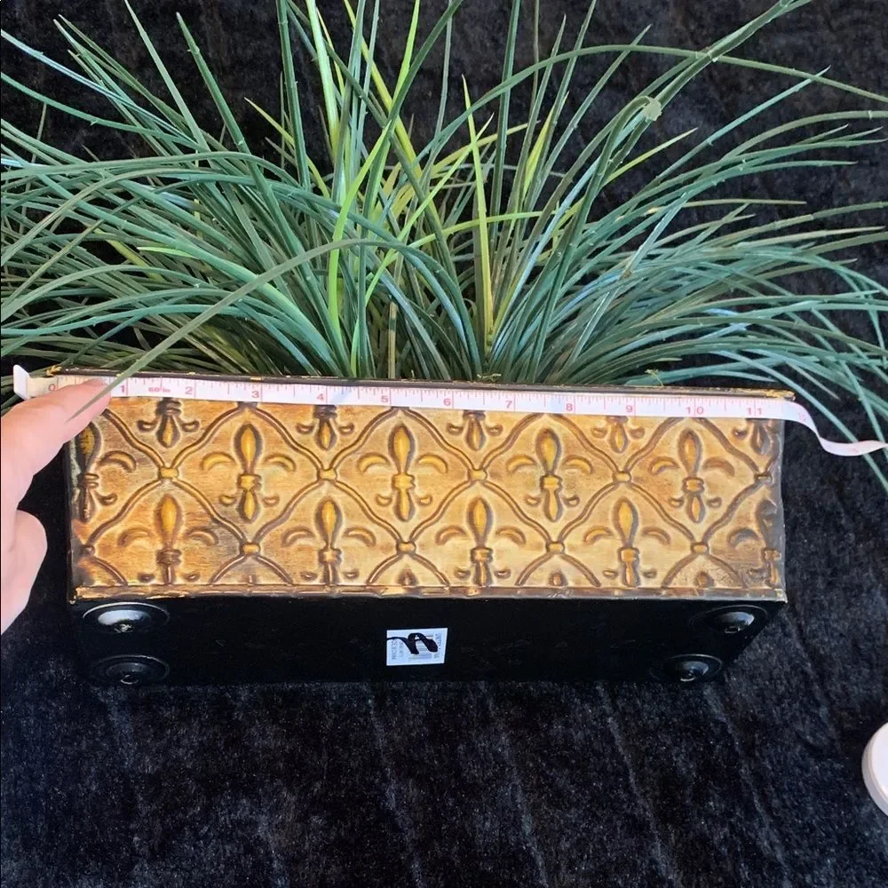 Decorative Green Faux Plant in Brown and Golden Fluer de Lils Planter